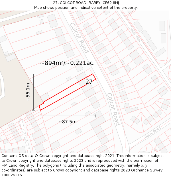 27, COLCOT ROAD, BARRY, CF62 8HJ: Plot and title map