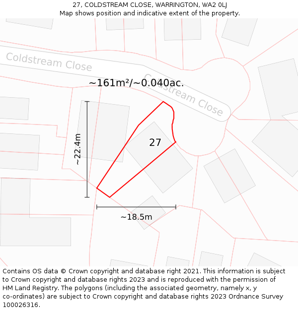 27, COLDSTREAM CLOSE, WARRINGTON, WA2 0LJ: Plot and title map