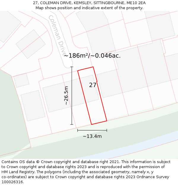27, COLEMAN DRIVE, KEMSLEY, SITTINGBOURNE, ME10 2EA: Plot and title map