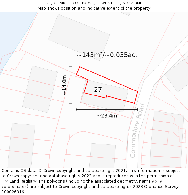27, COMMODORE ROAD, LOWESTOFT, NR32 3NE: Plot and title map