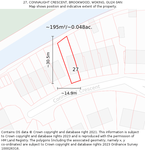 27, CONNAUGHT CRESCENT, BROOKWOOD, WOKING, GU24 0AN: Plot and title map