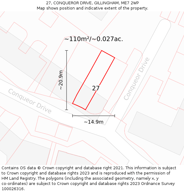 27, CONQUEROR DRIVE, GILLINGHAM, ME7 2WP: Plot and title map