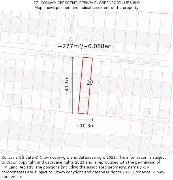 27, CONWAY CRESCENT, PERIVALE, GREENFORD, UB6 8HY: Plot and title map
