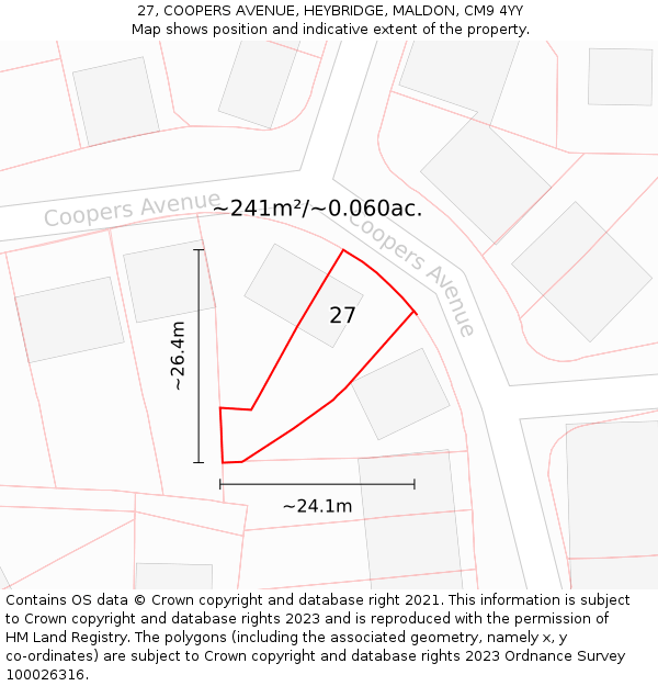 27, COOPERS AVENUE, HEYBRIDGE, MALDON, CM9 4YY: Plot and title map
