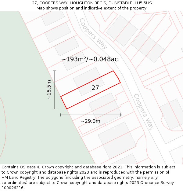 27, COOPERS WAY, HOUGHTON REGIS, DUNSTABLE, LU5 5US: Plot and title map