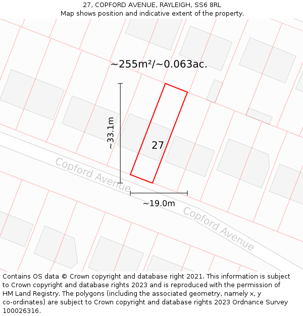 27, COPFORD AVENUE, RAYLEIGH, SS6 8RL: Plot and title map