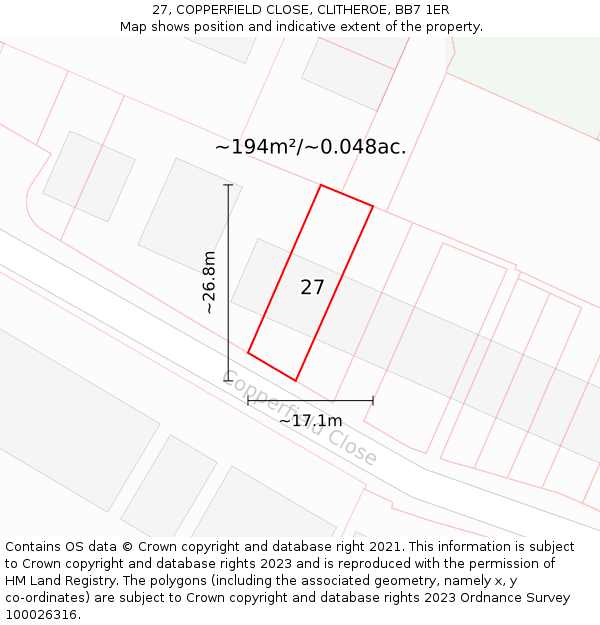 27, COPPERFIELD CLOSE, CLITHEROE, BB7 1ER: Plot and title map