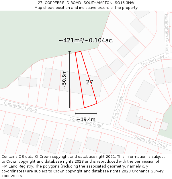 27, COPPERFIELD ROAD, SOUTHAMPTON, SO16 3NW: Plot and title map