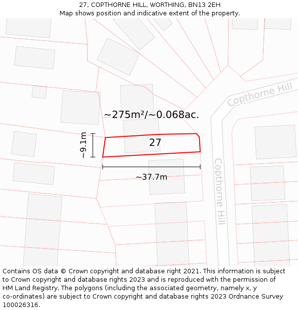 27, COPTHORNE HILL, WORTHING, BN13 2EH: Plot and title map