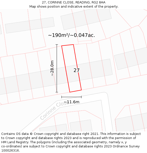 27, CORINNE CLOSE, READING, RG2 8AA: Plot and title map