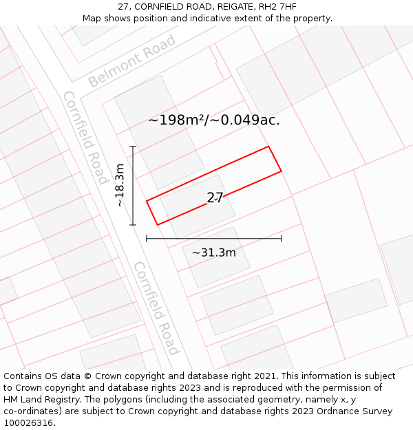 27, CORNFIELD ROAD, REIGATE, RH2 7HF: Plot and title map