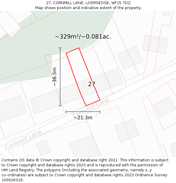 27, CORNMILL LANE, LIVERSEDGE, WF15 7DZ: Plot and title map