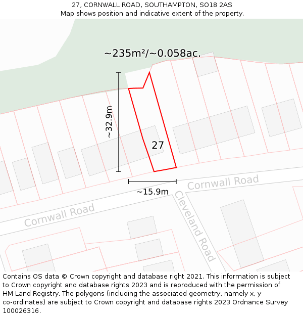 27, CORNWALL ROAD, SOUTHAMPTON, SO18 2AS: Plot and title map