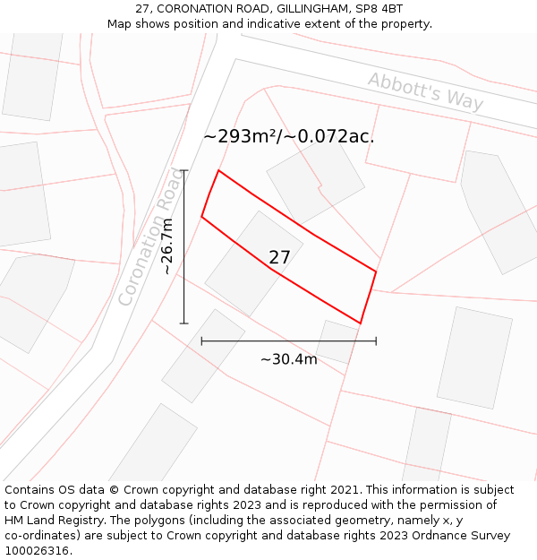 27, CORONATION ROAD, GILLINGHAM, SP8 4BT: Plot and title map
