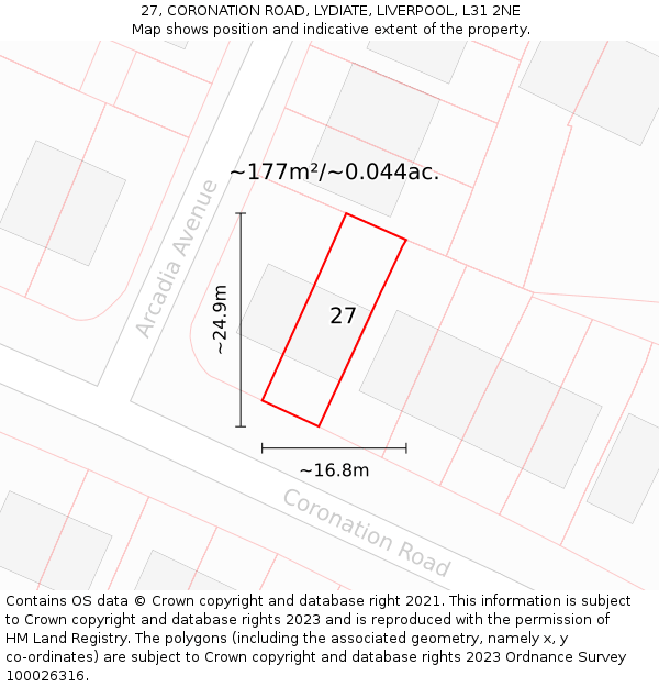 27, CORONATION ROAD, LYDIATE, LIVERPOOL, L31 2NE: Plot and title map