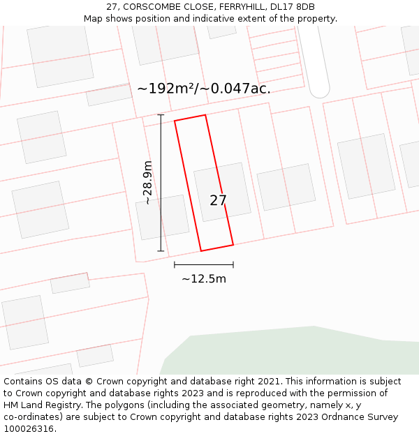27, CORSCOMBE CLOSE, FERRYHILL, DL17 8DB: Plot and title map