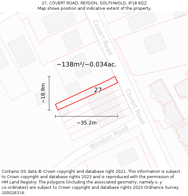 27, COVERT ROAD, REYDON, SOUTHWOLD, IP18 6QZ: Plot and title map