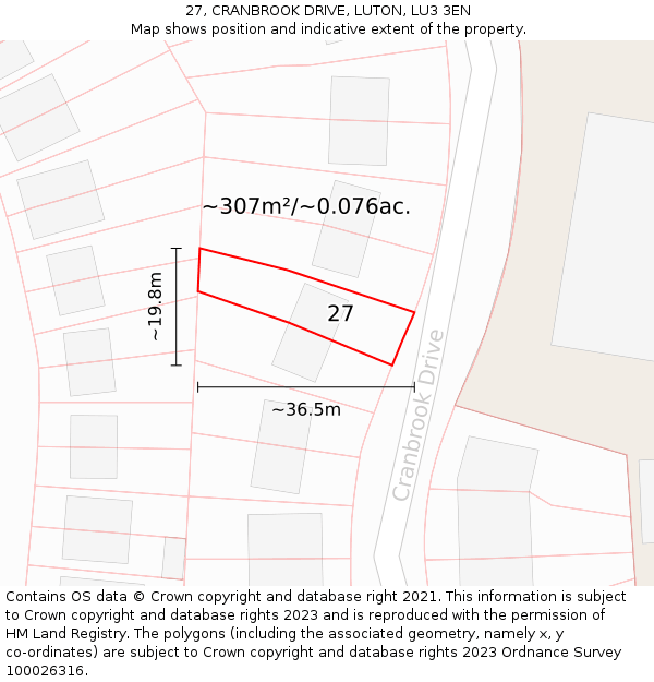 27, CRANBROOK DRIVE, LUTON, LU3 3EN: Plot and title map