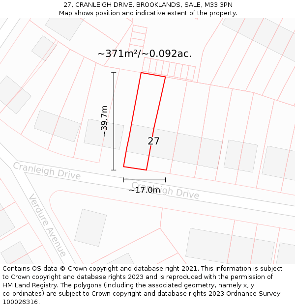 27, CRANLEIGH DRIVE, BROOKLANDS, SALE, M33 3PN: Plot and title map