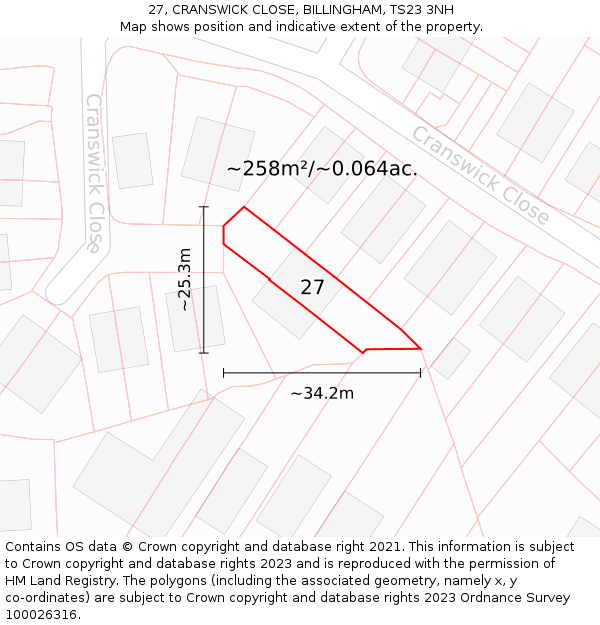 27, CRANSWICK CLOSE, BILLINGHAM, TS23 3NH: Plot and title map