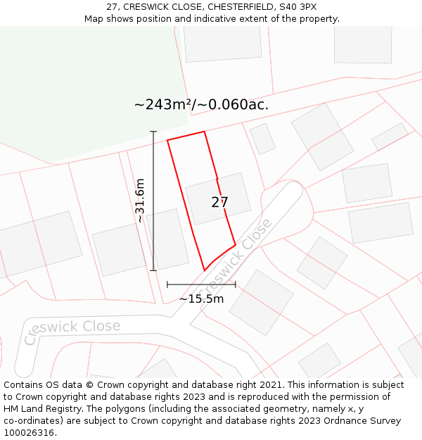 27, CRESWICK CLOSE, CHESTERFIELD, S40 3PX: Plot and title map