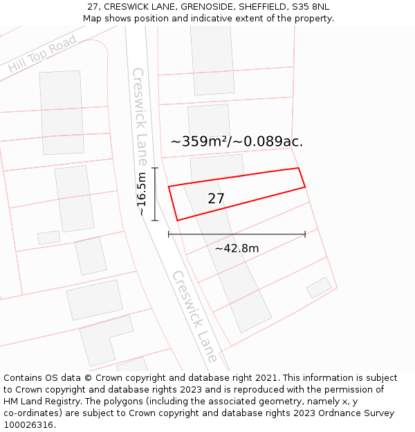 27, CRESWICK LANE, GRENOSIDE, SHEFFIELD, S35 8NL: Plot and title map
