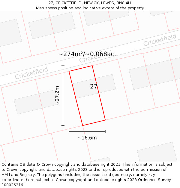 27, CRICKETFIELD, NEWICK, LEWES, BN8 4LL: Plot and title map