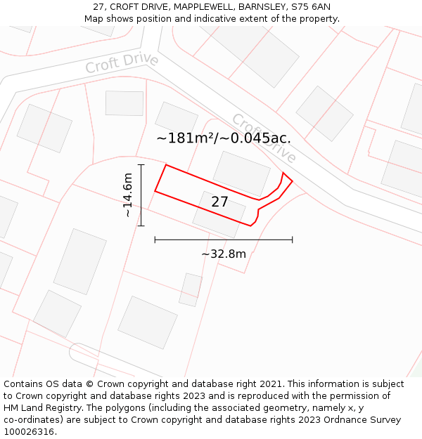 27, CROFT DRIVE, MAPPLEWELL, BARNSLEY, S75 6AN: Plot and title map