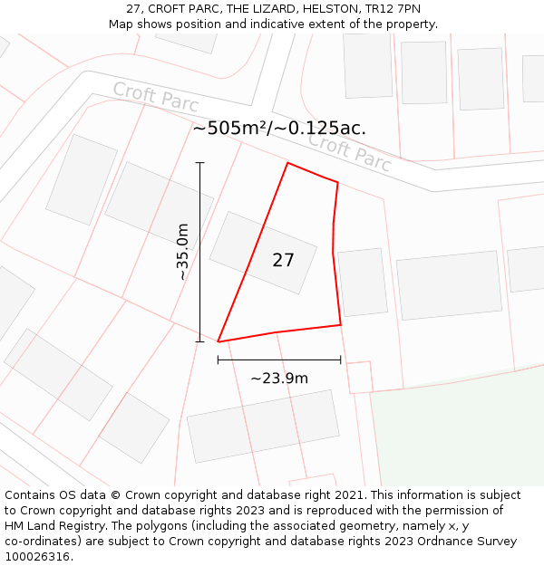 27, CROFT PARC, THE LIZARD, HELSTON, TR12 7PN: Plot and title map