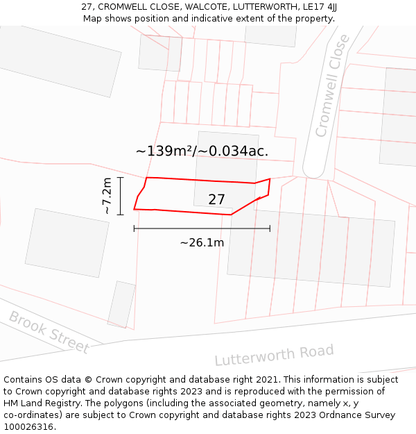 27, CROMWELL CLOSE, WALCOTE, LUTTERWORTH, LE17 4JJ: Plot and title map