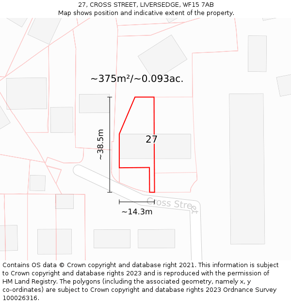 27, CROSS STREET, LIVERSEDGE, WF15 7AB: Plot and title map