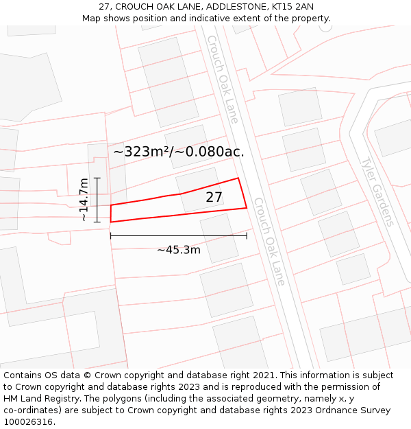 27, CROUCH OAK LANE, ADDLESTONE, KT15 2AN: Plot and title map