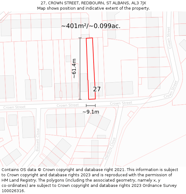 27, CROWN STREET, REDBOURN, ST ALBANS, AL3 7JX: Plot and title map
