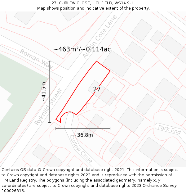 27, CURLEW CLOSE, LICHFIELD, WS14 9UL: Plot and title map
