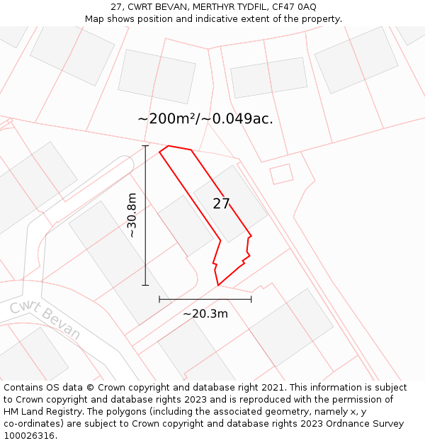 27, CWRT BEVAN, MERTHYR TYDFIL, CF47 0AQ: Plot and title map