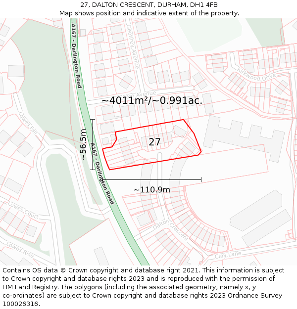 27, DALTON CRESCENT, DURHAM, DH1 4FB: Plot and title map