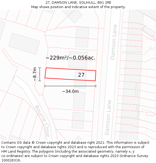 27, DAMSON LANE, SOLIHULL, B91 2RE: Plot and title map