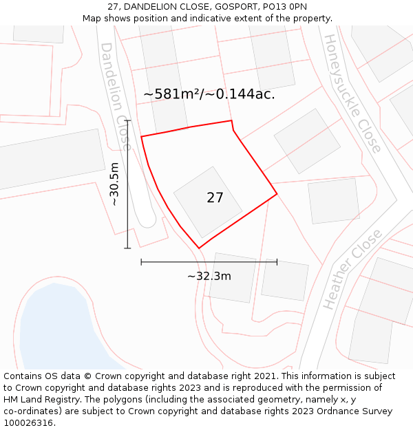 27, DANDELION CLOSE, GOSPORT, PO13 0PN: Plot and title map