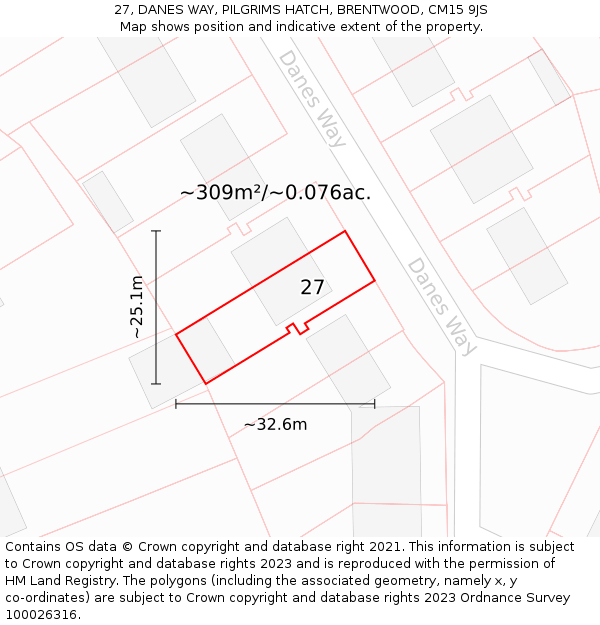 27, DANES WAY, PILGRIMS HATCH, BRENTWOOD, CM15 9JS: Plot and title map
