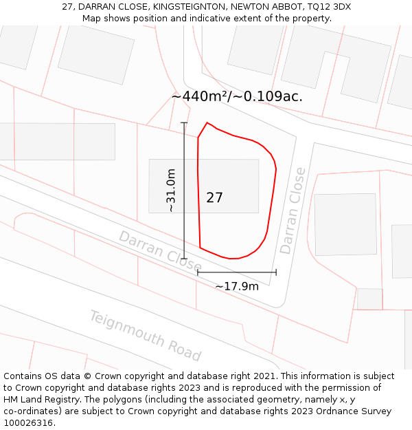 27, DARRAN CLOSE, KINGSTEIGNTON, NEWTON ABBOT, TQ12 3DX: Plot and title map