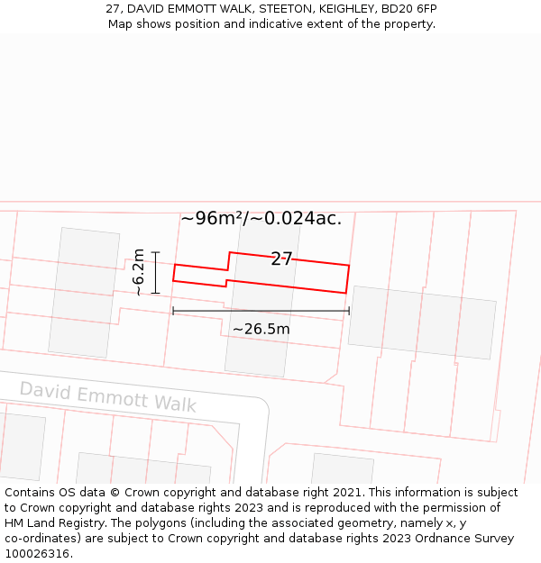 27, DAVID EMMOTT WALK, STEETON, KEIGHLEY, BD20 6FP: Plot and title map