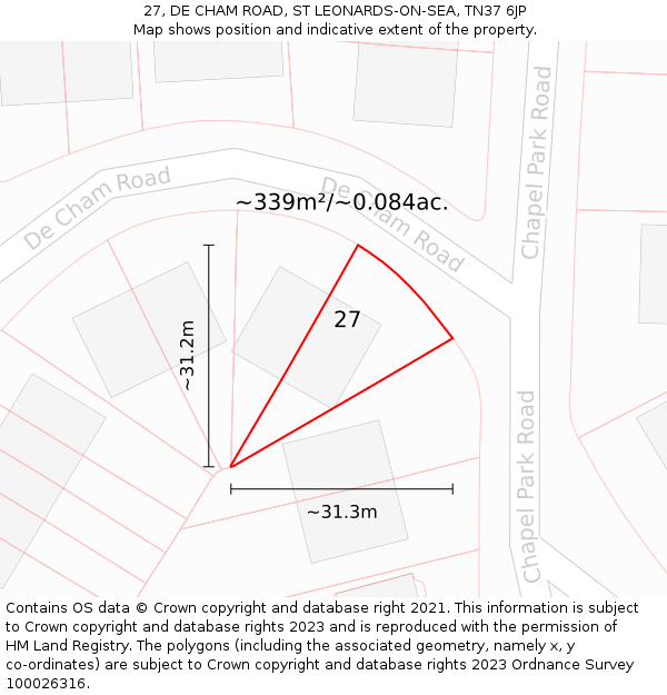 27, DE CHAM ROAD, ST LEONARDS-ON-SEA, TN37 6JP: Plot and title map