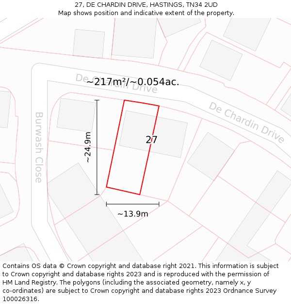 27, DE CHARDIN DRIVE, HASTINGS, TN34 2UD: Plot and title map