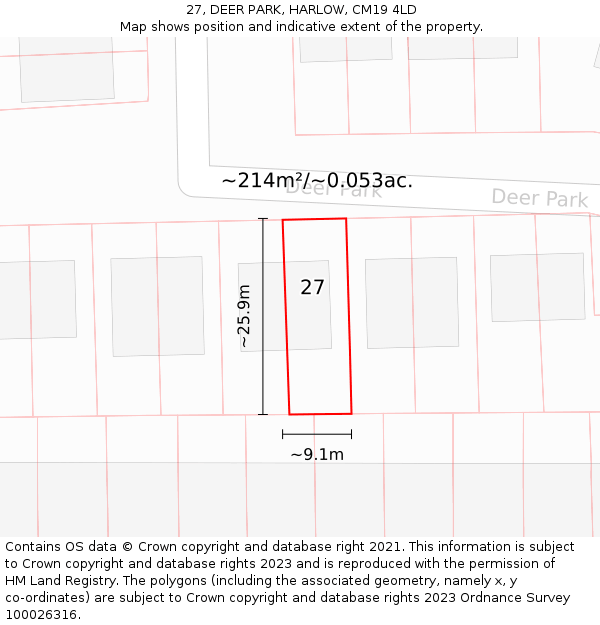 27, DEER PARK, HARLOW, CM19 4LD: Plot and title map