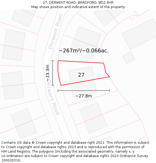 27, DERWENT ROAD, BRADFORD, BD2 4HR: Plot and title map