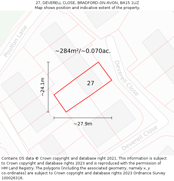 27, DEVERELL CLOSE, BRADFORD-ON-AVON, BA15 1UZ: Plot and title map