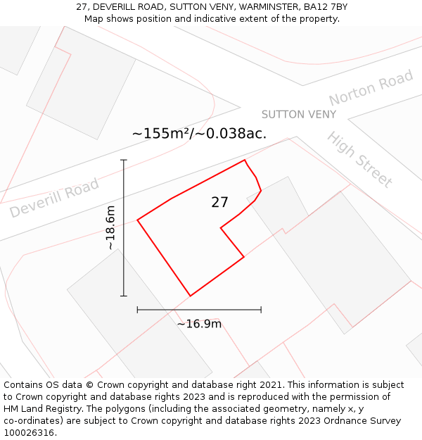27, DEVERILL ROAD, SUTTON VENY, WARMINSTER, BA12 7BY: Plot and title map