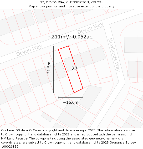 27, DEVON WAY, CHESSINGTON, KT9 2RH: Plot and title map