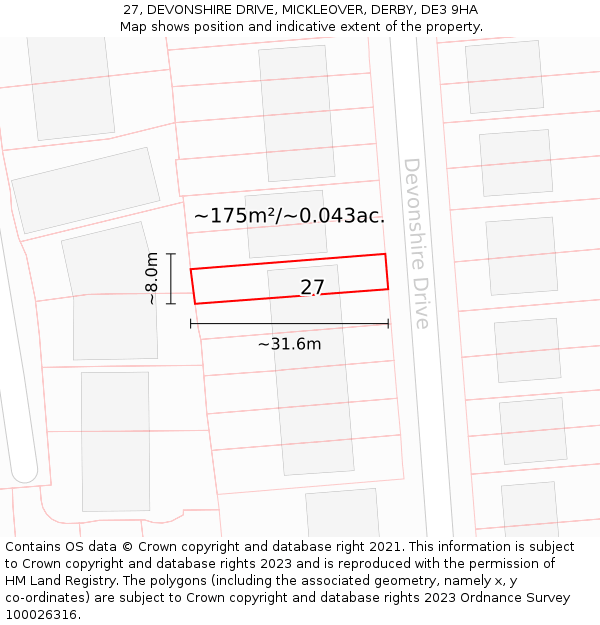 27, DEVONSHIRE DRIVE, MICKLEOVER, DERBY, DE3 9HA: Plot and title map