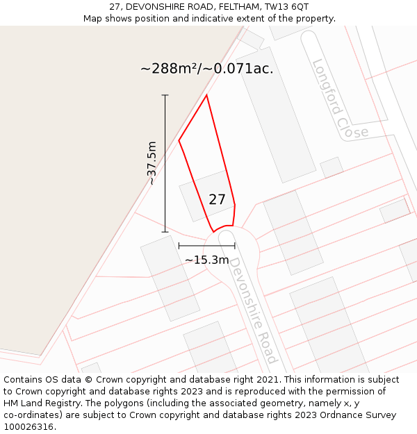 27, DEVONSHIRE ROAD, FELTHAM, TW13 6QT: Plot and title map